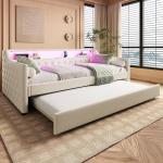 P&auml;evavoodi 90 x 200 cm lamelliraamiga, voodi pikendatava voodi ja LED-&uuml;mbrusvalgusega, diivanvoodi USB-laadimispesaga, hoiuvoodi teismeliste tuppa ja k&uuml;lalistetuppa, voodipesu (ilma madratsita)