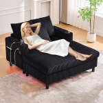 Chaise Longue diivanvoodi, diivan LED & USB-C pordiga & 2 padjaga & joogihoidjaga, diivanvoodi elutuppa & magamistuppa, must