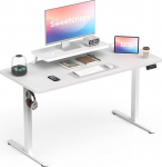 Sweetcrispy reguleeritava k&otilde;rgusega laud koos monitoristendiga, 140 x 60 cm laud, reguleeritava k&otilde;rgusega, elektriline, ergonoomiline seisev laud, arvutilaud, valge