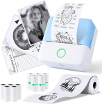 PRAOAHEI Mini Printer, Portable Photo Printer with 10 Rolls of Printer Paper, Bluetooth Label Printer, Thermal Printer for Notes, Photos, Diaries, DIY, Compatible with iOS and Android (Blue)