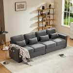 Sofa mit Schlaffunktion, Sofa 4 Sitzer aus Leinenstoff, Schlafsofa, Schlafcouch, Viersitzer-Couch mit Armlehnentaschen und 4 Kissen, Geeignet f&uuml;r Wohnzimmer, Wohnung, B&uuml;ro(Dunkelgrau)