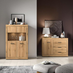 Lomadox kaasaegne tammepuust elutoa komplekt koos LED-valgustusega Highboardi ja kirstuga