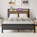 BORPHOM Voodiraam LED-iga, laadimisjaam, kaheinimesevoodi / &uuml;heinimesevoodi, k&uuml;lalisvoodi, metallvoodi, polsterdatud voodi, 140 x 200 cm, metallist voodiraam, noortevoodi lamellraamiga peatoega, halli v&auml;rvi, magamistuppa