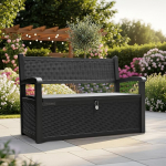 Olsen & Smith 265L Outdoor Garden Plastic Storage Bench Box Container Chest - Weather Resistant Lockable Rattan Effect Lawn Balcony Patio Storage Seat Chair Furniture (Black)