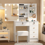 J72806 Riietuslaud koos l&uuml;kanduksega peegli ja tugitooliga, tugev kosmeetikalaud koos timmitava valgustusega ja videojuhendiga, riietuslaud 6 sahtli ja 6 riiuliga, 36 x 80 x 131 cm, 36 x 80 x 131 cm.