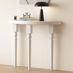 Moodne konsoollaud poolkuu kujulise lauaplaadiga, kitsas k&uuml;ljelaud elutuppa, magamistuppa, koridori, esikusse, sissep&auml;&auml;sualasse (valge, 120 cm)