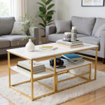 Komplekt 2 moodsat laudade stapeldamist, ristk&uuml;likukujuline kohvilaud koos k&uuml;ljelauaga, kaasaegne marmorist kohvilaud (valge kuld B)