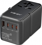 MINIX 170 W reisiadapter maailmas, GaN III reisiadapter 3 USB-C ja 1 USB-A pordiga, rahvusvaheline toiteadapter, vahelduvvoolu pistikupesa, &uuml;hildub USA/UK/EL/AU s&uuml;learvutite, tahvelarvutite, telefonide, kaamerate jaoks.