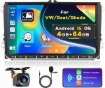 Inefala 4G + 64G autoraadio Android 15, 9-tolline puuteekraaniga raadio VW Polo Golf Caddy Tiguan Touran Passat, 2DIN raadio traadita CarPlay Android autoga, WiFi, BT, RDS, FM, SWC, mikrofon, tagurduskaamera