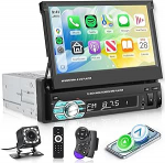 Single DIN autostereo Flip Out Carplay, 7-tolline puuteekraaniga autoraadio koos Androidi autopeeglilinkiga Bluetooth FM raadio USB, TF, AUX In, kaugjuhtimispult tagurduskaameraga
