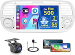 2 + 64 GB Android autoradio Fiat 500 2007-2015, 7-tolline puuteekraaniga CarPlay 2 DIN autoraadio Android Car, Mirror Link, WiFi, GPS, RDS FM, AHD tagurduskaamera (valge)