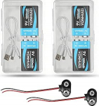 9-voldised laetavad akud, 2026 Upgrade 1300 mAh 9 V liitium-ioon aku + USB-C laadimiskaabel + 9 V akuklamber ja hoiukarp, suitsuandurite &otilde;pilase eksperimenti v&otilde;i muude seadmete jaoks (pakend).