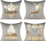 All Smiles Grey Gold Christmas Decoration Throw Pillow Cover 18 x 18 Inch Set of 4 Winter Xmas Indoor Home Holiday Decor Ornaments Velvet Navidad padi voodi diivanile j&otilde;ulupuu p&otilde;hjap&otilde;der