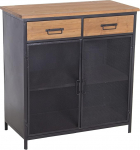 DRW Entrance Cabinet with 2 Doors Metal Grid and 2 Drawers Made of MDF Wood in Black and Natural 80 x 40 x 85 cm