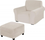 BHCCY Luxuri&ouml;ser Stretch-Sesselbezug aus Samt mit Ottomane, elastisches Sofa-Schonbezug-Set f&uuml;r Wohnzimmerdekoration (Beige)