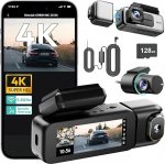 BOTSLAB 4K 3-kanaliline Dash Cam auto eesmine tagumine koos parkimise j&auml;lgimise ja 128GB SD-kaardiga, 3-kanaliline 4K + 1080P + 1080P, GPS 5.8GHz WiFi Dash Cam, 3.18 tolli, Super Night Vision, WDR, h&auml;&auml;lk&auml;sklus