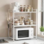 ALANNG mikrolaineahju riiul, 3-astmeline mikrolaineahju riiul, k&ouml;&ouml;gi t&ouml;&ouml;laud, k&ouml;&ouml;giriiul, mis seisab ahju/kohvimasinale, tugev mikrolaineahju statiiv 6 konksuga (valge, 1 pakk)