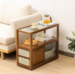 Tiita Rattan Bedside Table Bamboo Accent Bedside Table Glass Coffee Tables Boho Wood Side Table with Storage Space for Small Space, Living Room and Bedroom