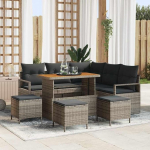 Garten-Sofa-Set 9-teilig Grau aus Poly-Rattan mit Stahlrahmen, Kissen und praktischem Stauraum f&uuml;r Terrasse und Garten, modular