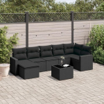 8-TLG. Garten-Sofagarnitur mit Kissen Schwarz aus PE Rattan, Gartenm&ouml;bel Set 8-TLG. als Outdoor Sofa Set Schwarz in Poly Rattan.