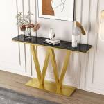 Konsolentisch mit Sinterstein-Top & W-f&ouml;rmiger Stabiler Basis, Multifunktionaler Eingangstisch mit Geb&uuml;rstetem Titan-Gold-Rahmen, f&uuml;r Foyer, Wohnzimmer, Schlafzimmer & B&uuml;ro(Black+Gold,140cm/55.1")