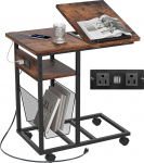 FLYJOE Beistelltisch C-Form mit Ladestation, neigbarer Beistelltisch mit Zeitschriftenhalter und feststellbaren R&auml;dern, einfache Montage f&uuml;r Wohnzimmer, Schlafzimmer, Industriestil, Rustikales Braun