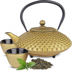 Teal&oslash;v Cast Iron Teapot Set, 1.25 Litres, in Gift Box, Complete Cast Iron Tea Set, Cast Iron Teapot with Strainer Insert, Tea Cups and Coasters, Japanese Style Tea Set, Gold