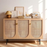 Rattan-Schrank mit 3 T&uuml;ren, Holz Sideboard mit Metallgriffen und verstellbaren Einlegeb&ouml;den, Aufbewahrungsschrank Rattan Buffet f&uuml;r Wohnzimmer, Schlafzimmer, K&uuml;che & Flur, 117x37,5x75cm