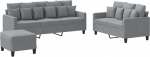 3-TLG. Sofagarnitur mit Kissen Hellgrau Stoff, strapazierf&auml;higes Sofa-Set mit dick gepolsterten Sitzfl&auml;chen, Armlehnen und R&uuml;ckenkissen, Robustes Gestell aus Sperrholz und Metall,