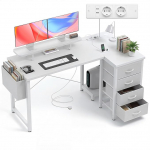 Claiks L-kujuline laud 4 riidest sahtliga, 140 x 80 cm nurgalaua USB-laadimispordi ja pistikupesaga, L-kujuline laud koos monitori riiuliga kontorisse, valge