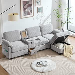 3-kohaline diivanvoodi, modulaarne diivan 2 tassihoidjaga + hoiuruum, diivanvoodi USB-C pordiga, k&uuml;ljetasku, Osman, diivan elutuppa ja magamistuppa, helehall