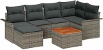7-teiliges Garten-Sofa-Set mit Kissen Grau Poly Rattan Akazie, 2-Sitzer Garten-Sofa mit Stauraum & Kissen Grau Poly Rattan Gartenlounge Model3356018
