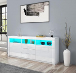 Senvoziii Sideboard High Gloss Matt Sideboard kapp 2 uksega 3 sahtlit & LED valgustus TV Lowboard s&ouml;&ouml;gitoa elutoa m&ouml;&ouml;bel Valge
