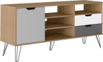 MOMMA HOME teleripuldi elutoa laud teleripult 1 ukse, riiulite ja 2 sahtliga Tamme viimistlus valge ja hallid metallist jalad Stockholm mudel 140cm (L) x 77cm (K) x 39cm (S)