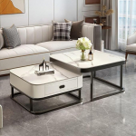 Couchtisch-Set aus Glas und Metall - modernes quadratisches Design f&uuml;r einfache Montage im Wohnzimmer