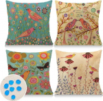 Cirzone Waterproof Cushion Cover, Pack of 4, 45 x 45 cm, Decorative Outdoor Cushion, Waterproof, Breathable, Birds and Flowers Cushion Cover for Sofa Cushion, Garden, Outdoor