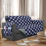 Elegant Comfort Quilted Furniture Protectors Solid and Printed Design Reversible Slipcovers Featuring Elastic Straps and Smart Pockets Great for Pets, Kids and More, Bloomingdale Loveseat, Navy/Gray