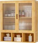 Yorbay rippuv vannitoakapp 2 piimaklaasist uksega ja avatud kambriga, bambusest meditsiinikapp vannituppa, ruumi s&auml;&auml;stev seinakapp, k&ouml;&ouml;gikapp, 22 x 59 x 66 cm (bambuse v&auml;rvi)