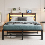 Voodi 120 x 200 cm LED-iga, metallist voodi USB-laadimisjaamaga ja puidust pealaud koos panipaigaga, k&uuml;lalisvoodi, noortevoodi, kahekohaline voodiraam koos panipaigaga voodi all, Vintage Brown