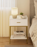 HEYZOEY Bedside Table, White, 3-Tier Bedside Table, Modern Small Bedside Table with Drawer and Shelf for Bedroom, Living Room, White with Gold Legs (Modern)