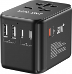 LENCENT universaalne reisimisadapter GaN III 30W, rahvusvaheline adapter 2 USB-A ja 3 USB-C PD kiirlaadimispordiga, &uuml;lemaailmne reisipistik t&uuml;&uuml;p A/C/G/I, USA/UK/EL/AUSA pistikupesad, must
