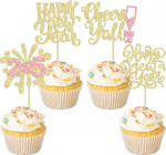 Ephlyn Cupcake-Aufs&auml;tze f&uuml;r 2025 Happy New Year, Glitzer, Feuerwerk, Uhr, Hello 2025, Cupcake-Picks f&uuml;r Cheers to 2025 Happy New Year Thema, Urlaub, Party, Kuchendekorationen, Zubeh&ouml;r, Gold, 24 St&uuml;ck
