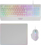 MARSGAMING MCP124, 3-in-1 Gaming Combo, Ergonoomiline H-Mech LED RGB klaviatuur, RGB hiir 3200DPI HUANO l&uuml;litid, Nanotextile hiirepad 360 x 260 mm, Multiplatvormi &uuml;hilduvus, Hispaania paigutus, valge