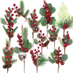 Morofme Pack of 12 kunstlik m&auml;nni oksad punaste marjadega dekoratsioon, j&otilde;ulu oksad koos m&auml;nni k&auml;bid, puuvill, lehed, viinapuud DIY j&otilde;ulugirlande, j&otilde;ulupuu kaunistused