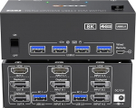 KVM Switch 2 PC 3 monitori HDMI + 2 Display Port 8K @ 60Hz 4K @ 144Hz, MLEEDA Triple Monitor KVM Switch 2 PC osa 3 monitori ja 4 USB 3.0 seadme jaoks koos 12 V toiteallikaga, juhtmega kaugjuhtimispuldiga ja 2 kaabliga.