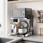 Pikendatav mikrolaineahjurihoidik koos sahtliga, 2-tasandiline mikrolaineahjurihoidik 6 metallkonksuga, Airfryer Rack, k&uuml;psetushoidik, k&ouml;&ouml;gi t&ouml;&ouml;laua hoiukorrus, must