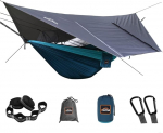 AnorTrek Camping Hammock koos s&auml;&auml;sev&otilde;rgu ja vihma Fly Tarpaulin, Kaasaskantav Double Hammock kahe puu rihmad, 210T Nylon Hammock ja veekindel vihma Fly Set matkamiseks, (sinine)