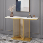 Stiilne kaasaegne konsoollaud (160cm) karastatud klaasist alusega, &otilde;huke diivanilaud koos hoiuga esikusse, elutuppa, koridori - kuldne viimistlus, sobib ideaalselt diivani taha.