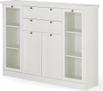 KHG Highboard Valged hingedega uksed klaasi sisendiga, 2 sahtlit, 2 kambrit, 5 reguleeritavat riiulit, liugraam, puitmaterjal, maal&auml;hedane stiil.