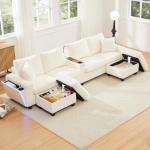 vutizal Wohnlandschaft U-Form Beige aus Cord mit 2 Hockern, LED-Beleuchtung & USB-Ladestation - Multifunktionale Ablage und Stauraum - F&uuml;r Wohnzimmer, G&auml;ste & kleine R&auml;ume